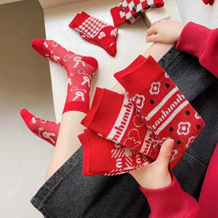 539女士红袜秋冬款中筒袜加厚喜庆国潮