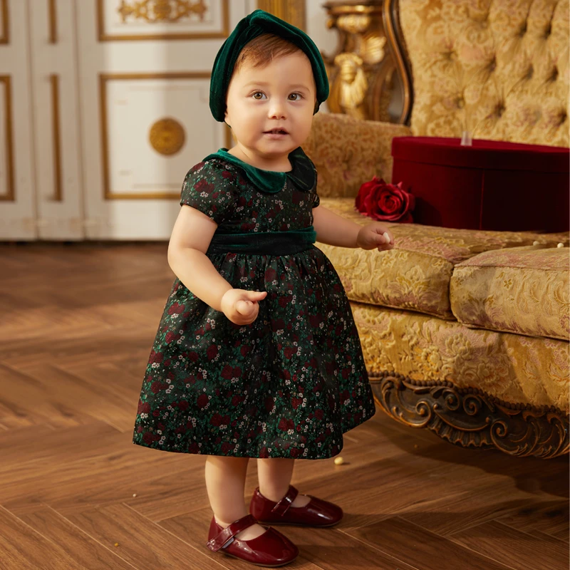 [67]女婴儿公主裙绿色丝绒娃娃领泡泡袖碎花礼服裙夏季复古连衣裙