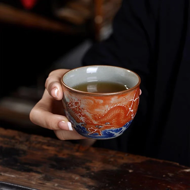 景德镇陶泥矾红龙纹主人杯陶瓷功夫茶杯个人专用杯高档送礼杯子
