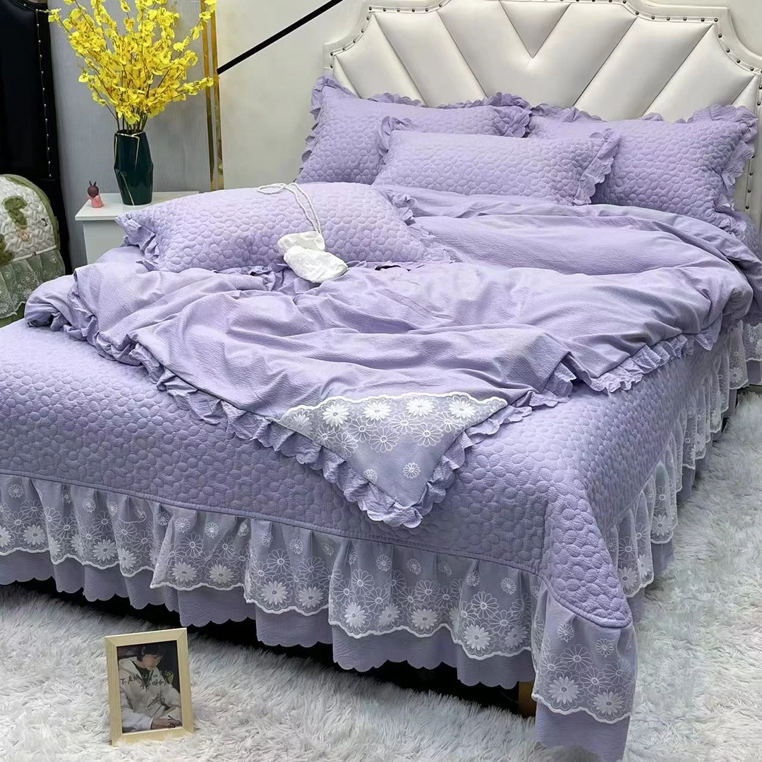 【被套款床盖四件套】新款纯色高档夹棉韩版双层蕾丝边单床盖三件套