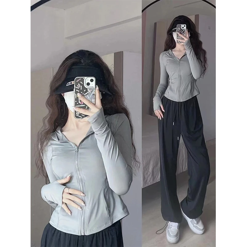 连帽休闲运动外套女春秋薄款紧身显瘦透气瑜伽服速干跑步健身上衣