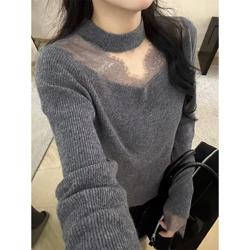 法式绝美灰色蕾丝挂脖针织打底衫女洋气时尚毛衣内搭漂亮上衣秋冬