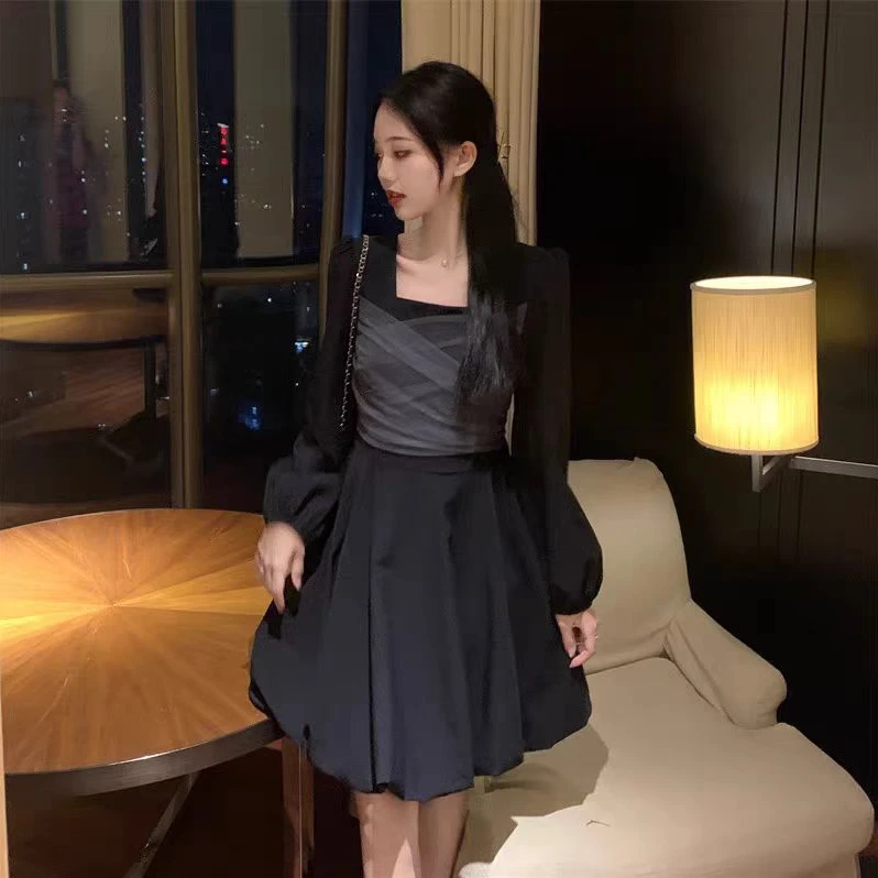 法式网纱收腰赫本风气质小黑裙