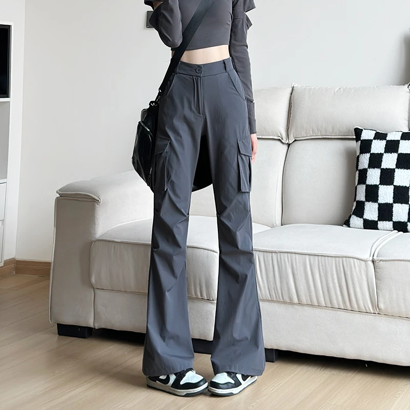 微喇叭工装裤女款秋季薄款2025新款美式窄版灰色透气降落伞兵裤子