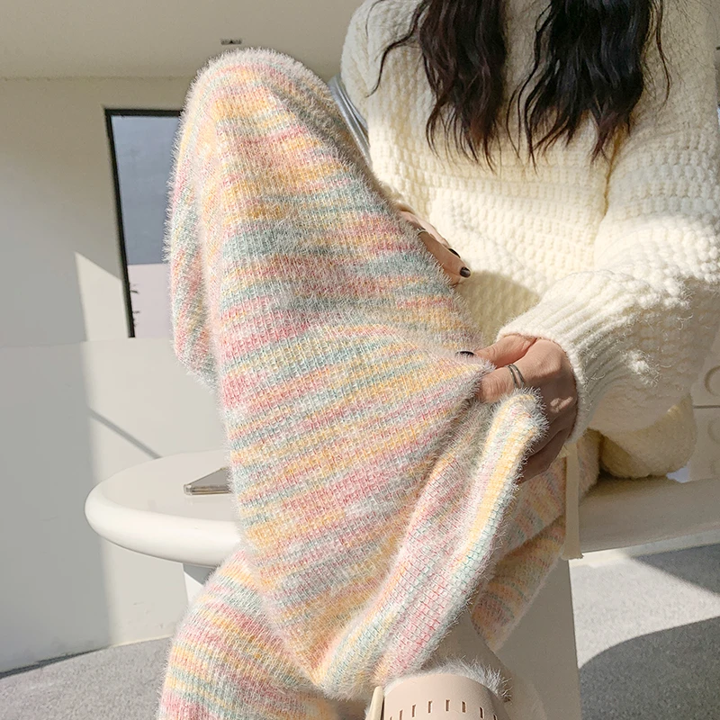 加绒阔腿裤女秋冬季2025新款高腰休闲直筒彩虹水貂毛软糯米针织裤