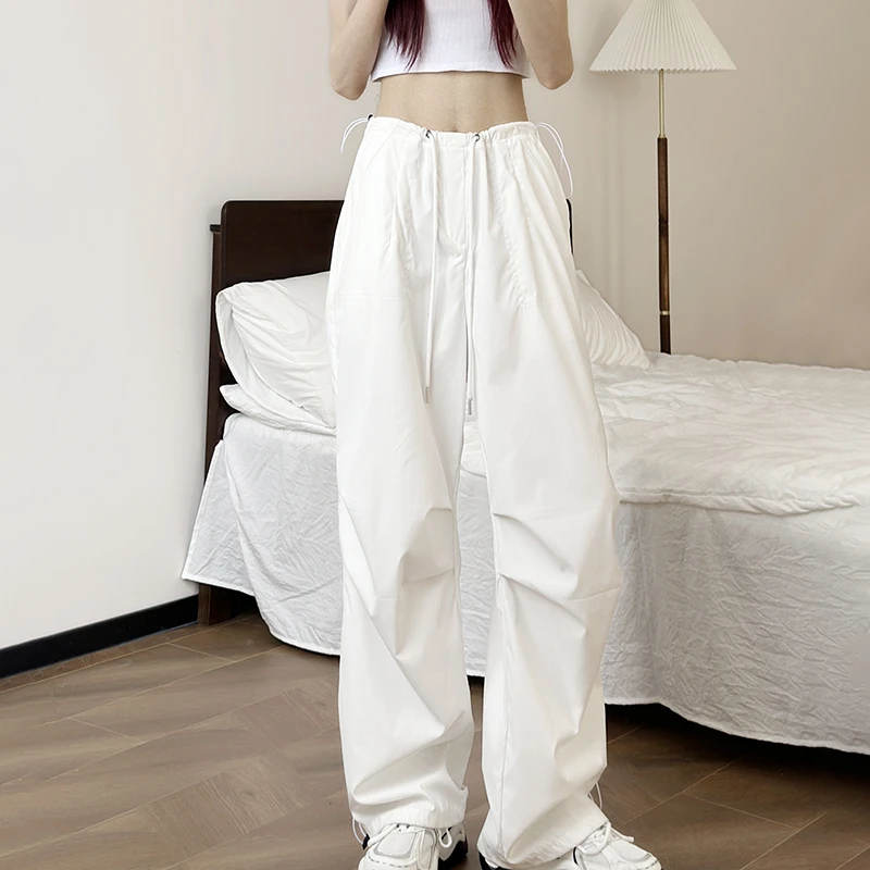 白色工装裤女初秋薄款2025新款爵士舞美式抽绳直筒小个子降落伞裤