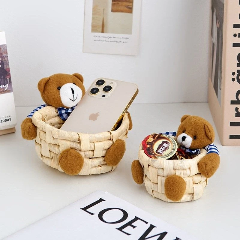 小熊草编收纳筐可爱手工编篮储物学生宿舍客厅钥匙物件桌面收纳盒