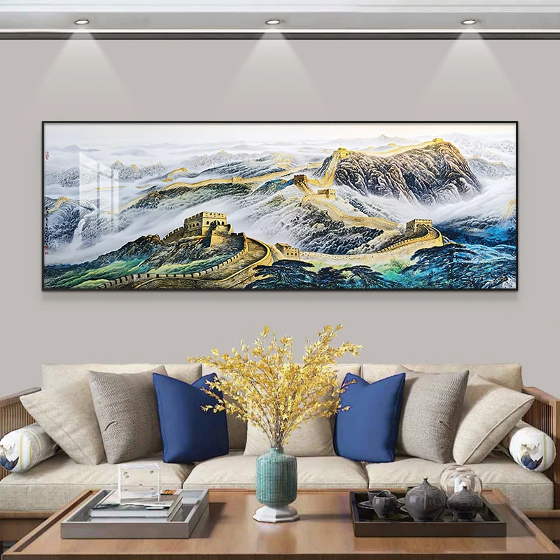 手工晶瓷镶钻装饰画 铝合金边框装裱 流水生财沙发背景长城70200