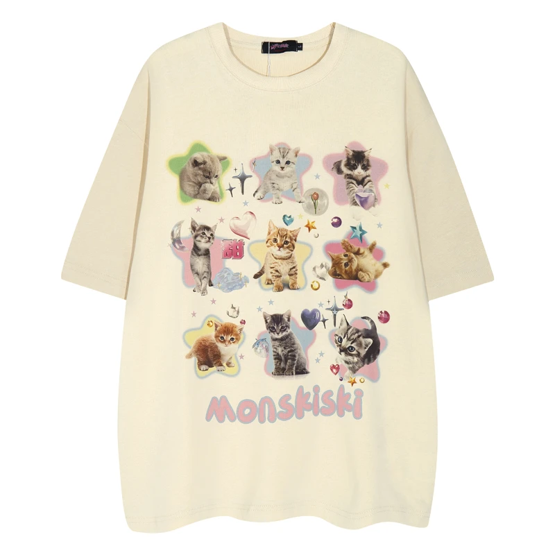 HALOISME甜酷猫咪可爱妹妹风潮牌宽松圆领多巴胺短袖T恤