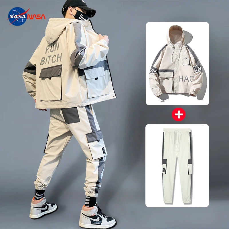NASA联名大码工装夹克男套装2024春秋美式冲锋衣宽松运动一套搭配
