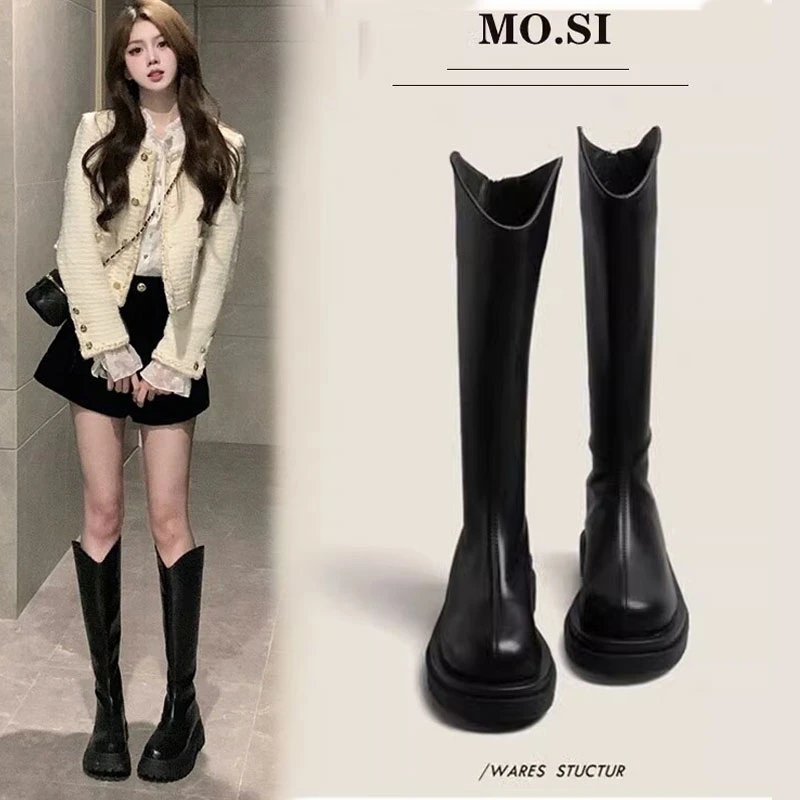 v口长靴女粗腿厚底高筒大筒围长筒靴2023新款秋骑士马厚底高筒靴