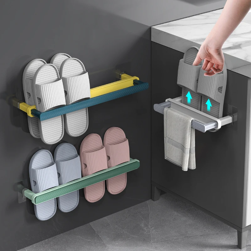 浴室毛巾架拖鞋架壁挂挂式墙壁收纳神器卫生间免打孔鞋架置物架