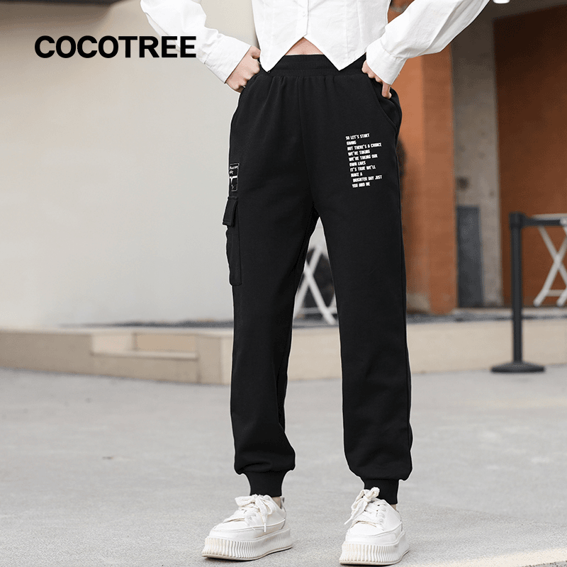 COCOTREE棵棵树春秋女童工装贴袋全棉字母印花长裤束脚长裤1103