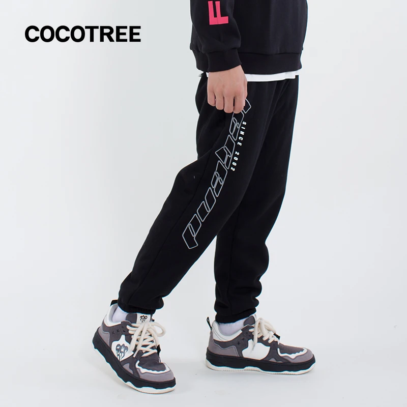 COCOTREE棵棵树青少年冬季男童长毛绒保暖宽松字母印花束脚口长裤