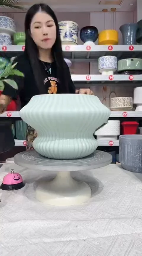 【闪购商品】陶瓷20CM以下高温陶瓷花盆-绿竖飞碟大*瑕疵椭圆口