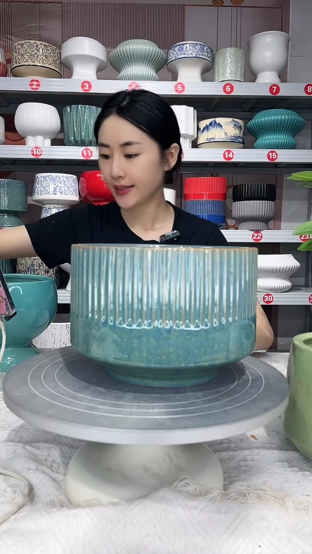 【闪购商品】陶瓷20CM以下高温陶瓷花盆-01新绿竖纹小20*14