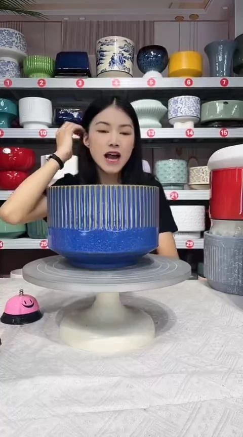 【闪购商品】陶瓷20CM以下高温陶瓷花盆-蓝竖纹小20*14