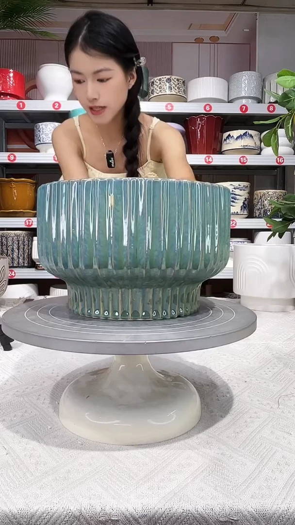 【闪购商品】陶瓷20CM以下高温陶瓷花盆-绿竖中23*15