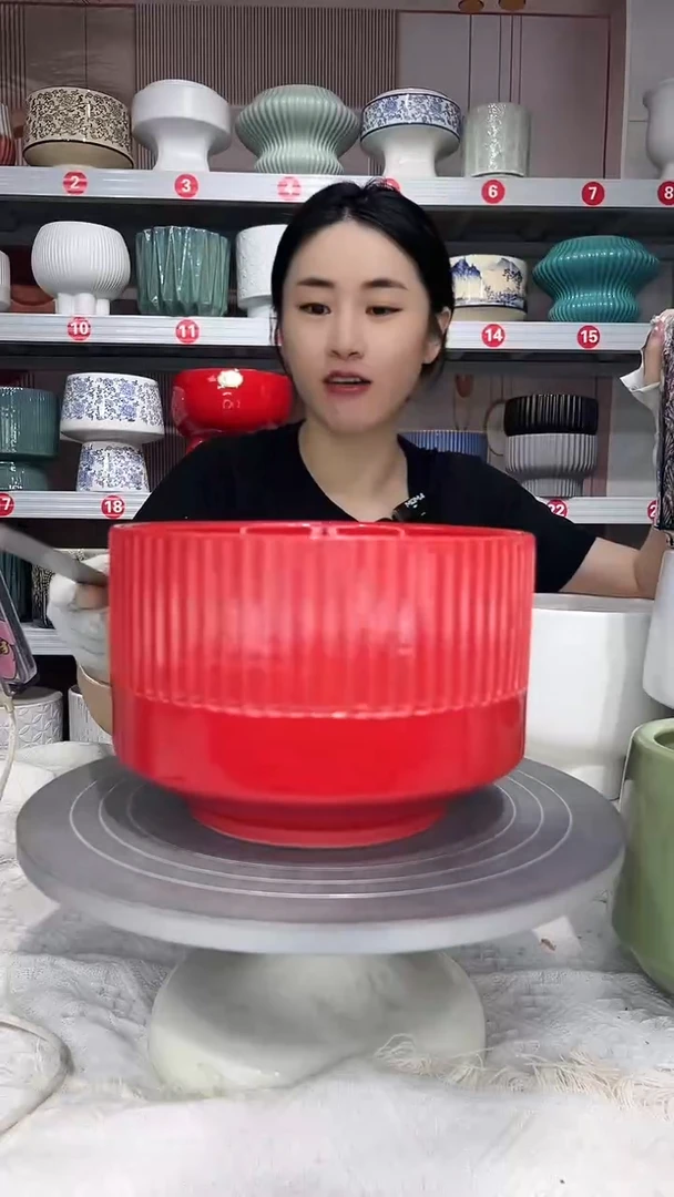 【闪购商品】陶瓷20CM以下高温陶瓷花盆-红竖纹小20*/14