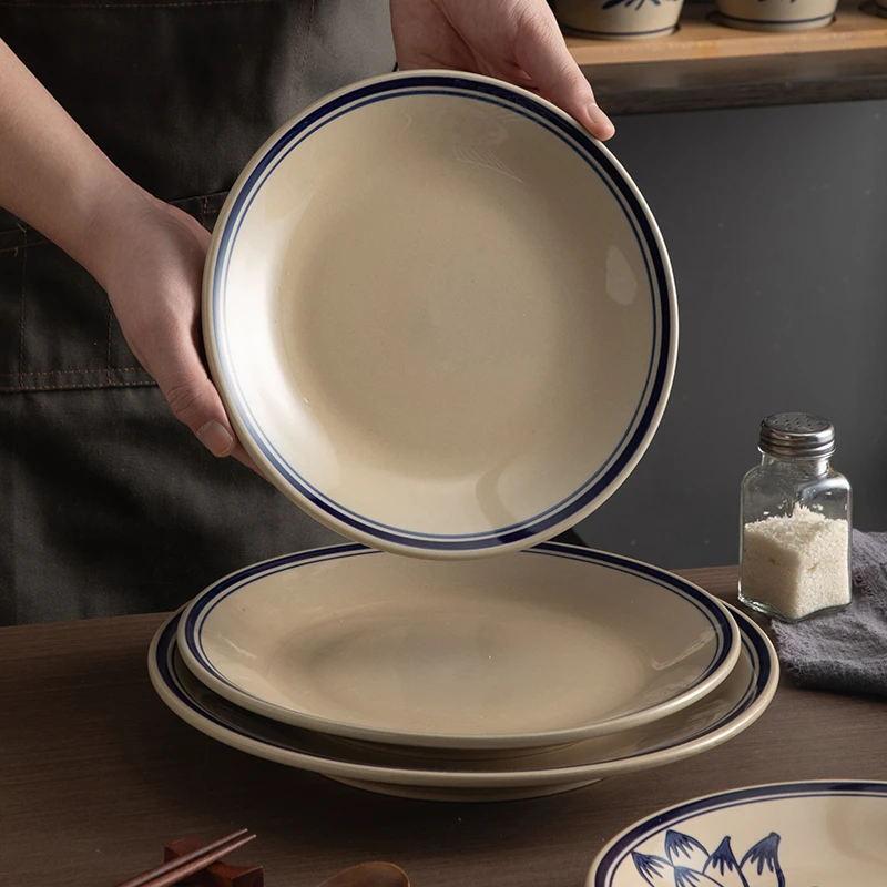 中式蓝线陶瓷盘子复古家用菜盘圆形商用餐盘饭店酒店餐厅专用餐具