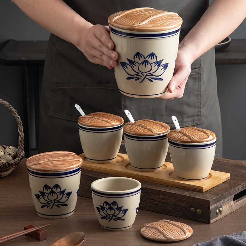 手绘青花缸家用厨房陶瓷调味罐小酱缸水缸猪油罐辣椒油罐调料盐罐