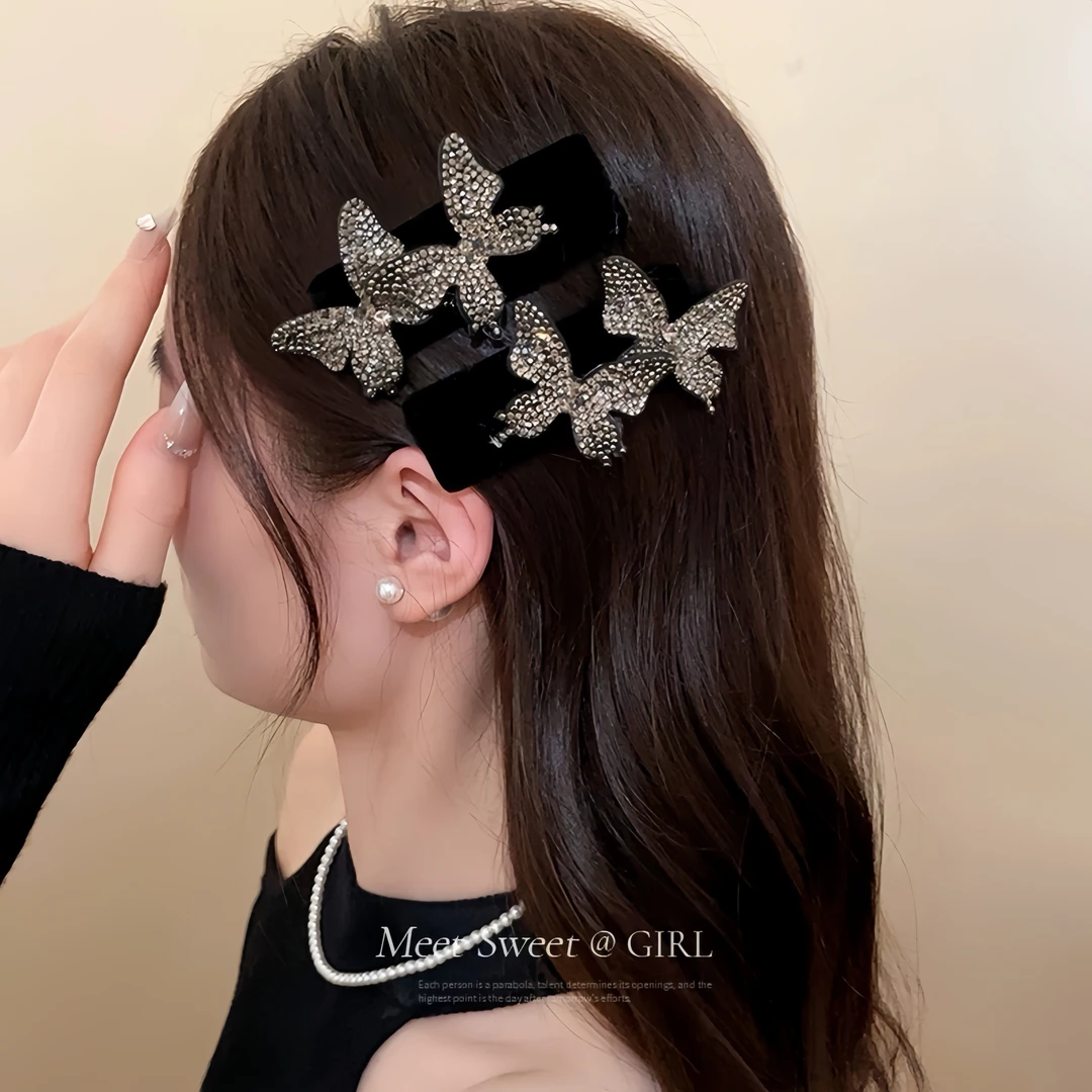 韩版时尚百搭丝绒面双蝴蝶满钻水晶锆石超仙气质刘海侧边夹FJ055