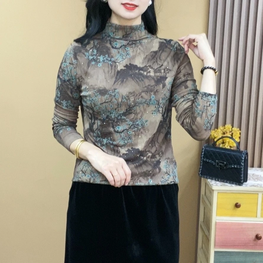 京亲2023秋季长袖时尚气质显瘦烫钻洋气半高领上衣百搭小913#