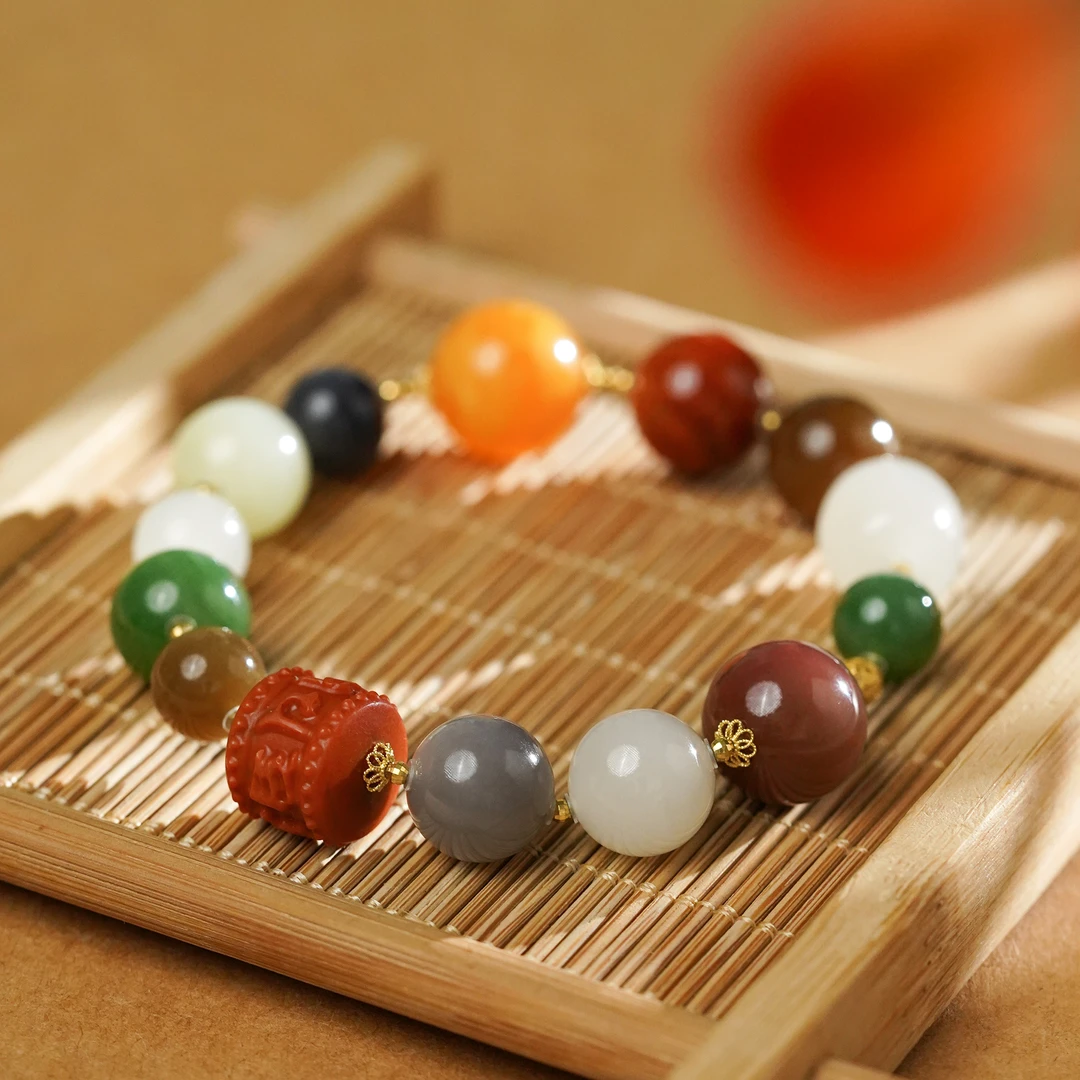 【18K】花晚舟·和田玉多宝六字真言单圈手串文玩好物小众饰品精致