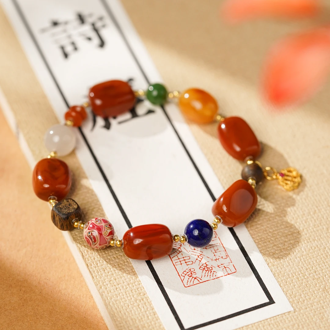 文莱沉香多宝火焰纹配大漆单圈手串文玩好物小众饰品精致正宗