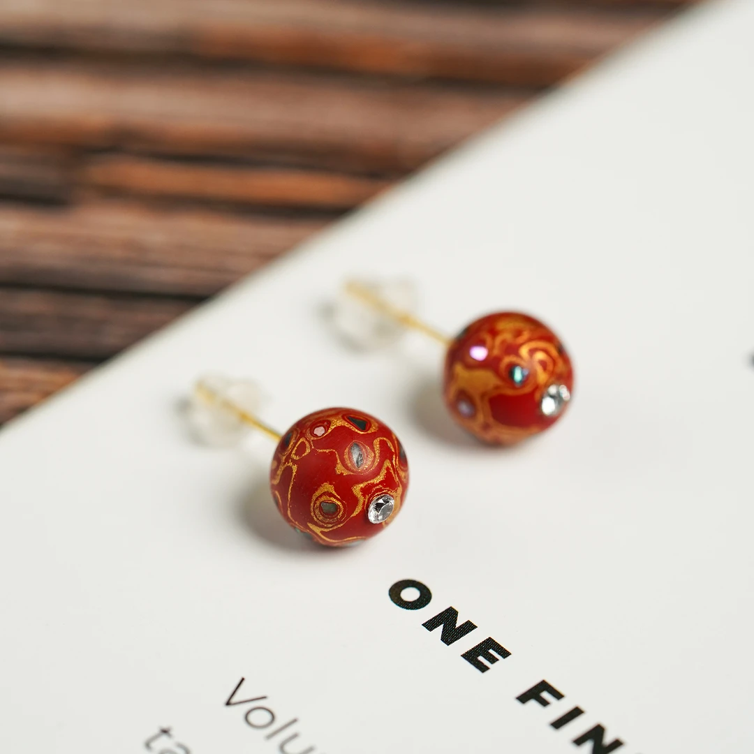 大漆耳环8MM圆珠耳饰小众饰品精致正宗收藏级别文玩好物百搭