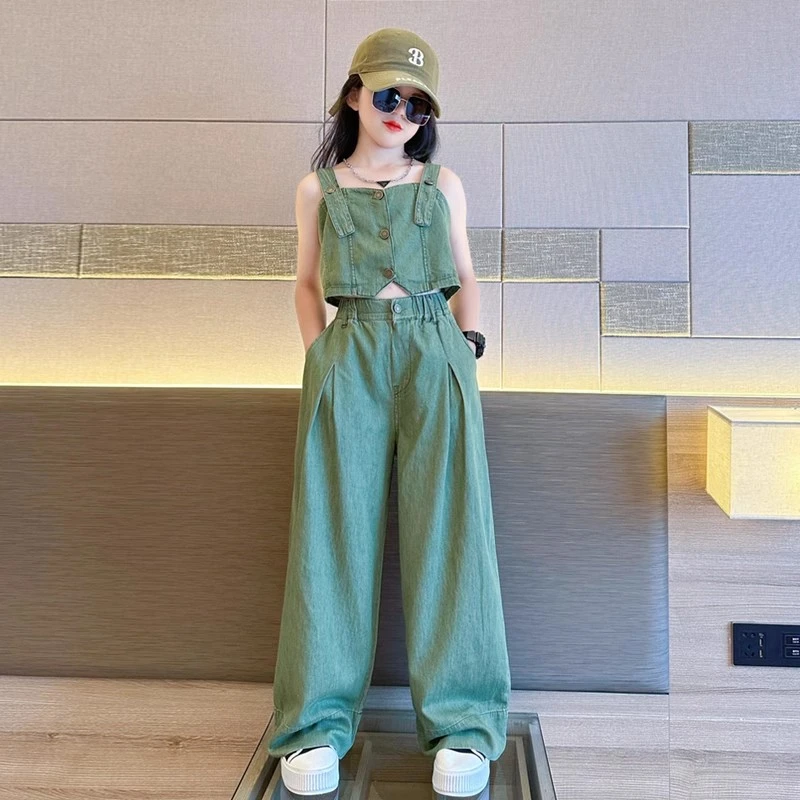 女童夏季套装2025新款网红炸街吊带背心两件套大童夏装修身辣妹装