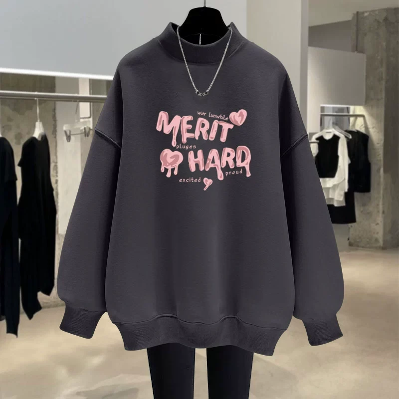 半高领卫衣女宽松加绒保暖2025秋冬新款韩版字母小爱心中长款上衣