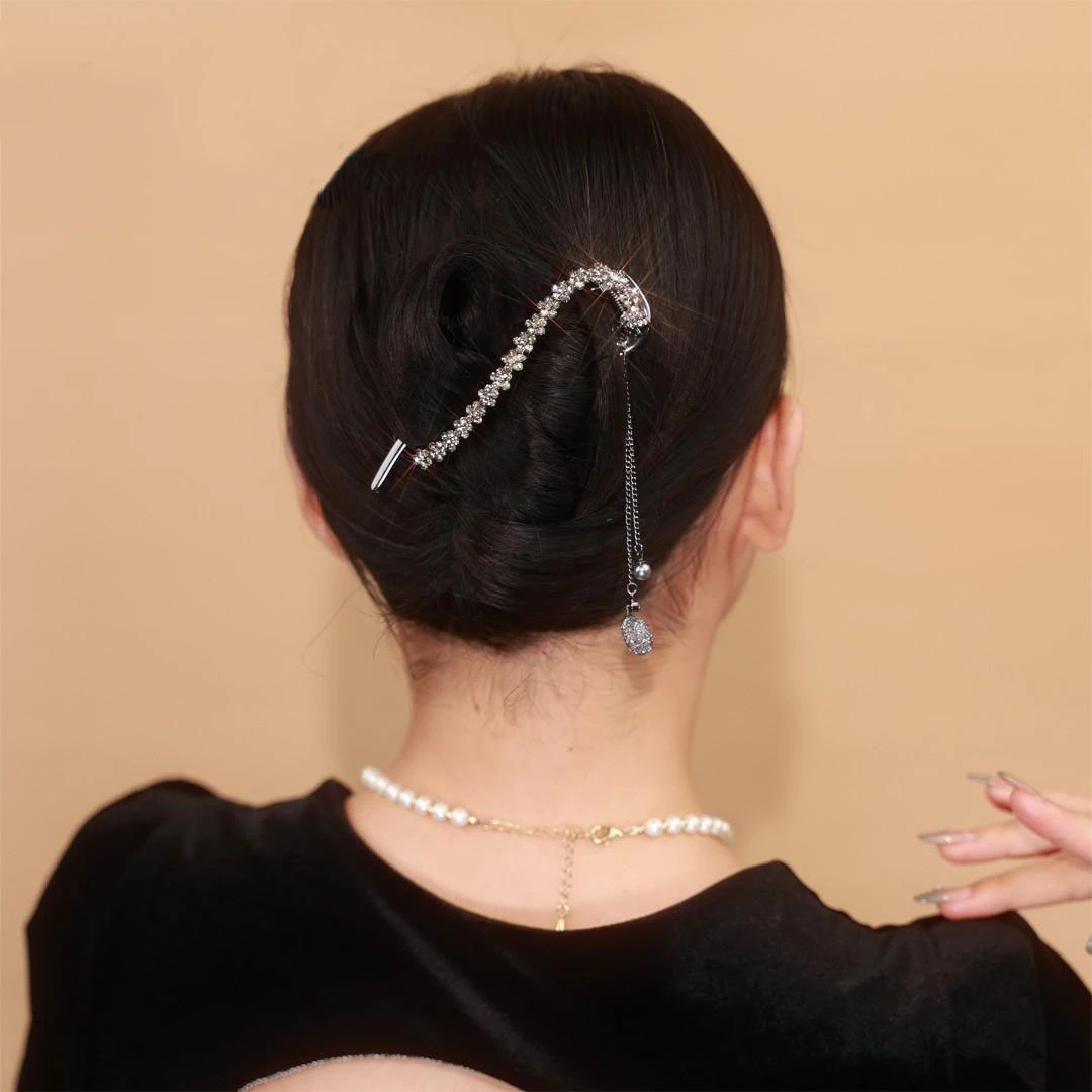 铜合金发饰 墨黑小花流苏扭扭夹黑色锆石吊坠后脑勺抓夹盘发发夹