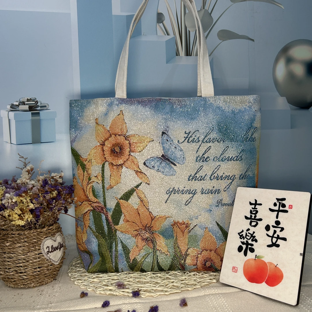 百合花语双面针织刺绣文艺时尚百搭单肩手提包