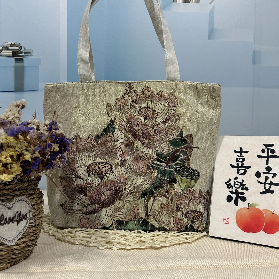荷花并蒂莲双面针织刺绣金丝线休闲时尚百搭手提包包单肩帆布包