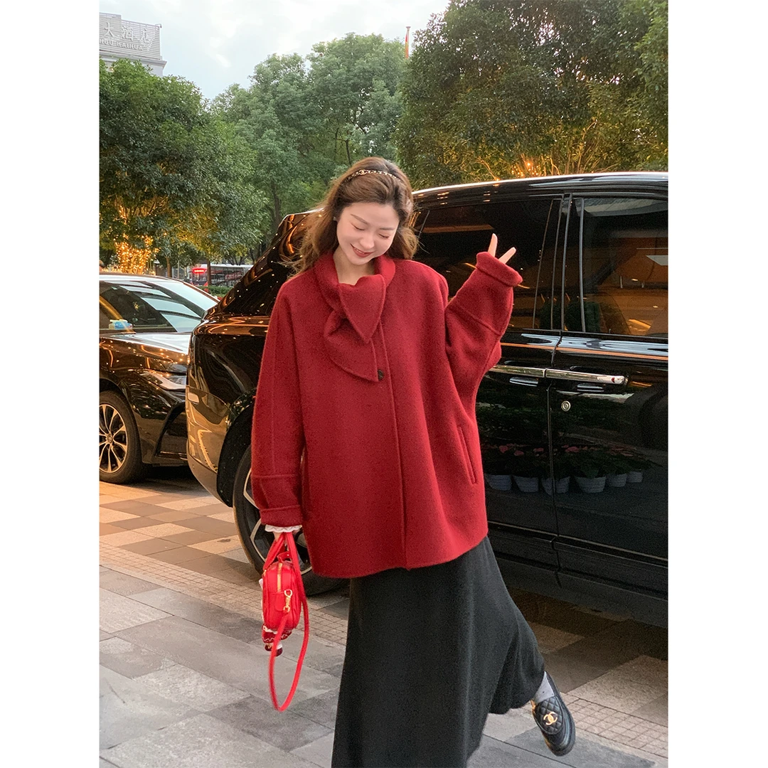 崔与熙/CUIXI【大兔子】小个子短款红色双面宽松毛呢加厚秋冬外套