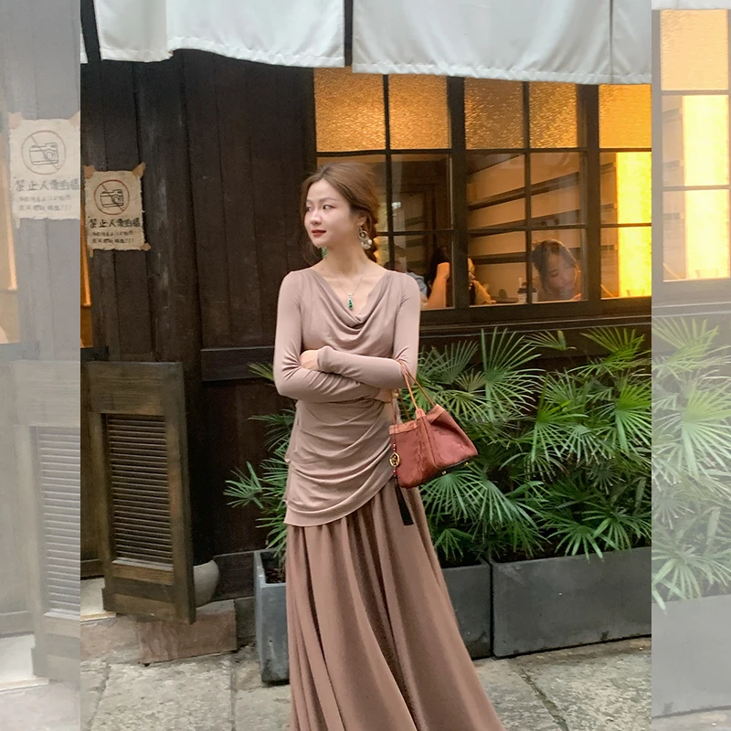 崔与熙CUIXI【缪斯裙】不规则设计感拼接荡领连衣裙女收腰长款裙子