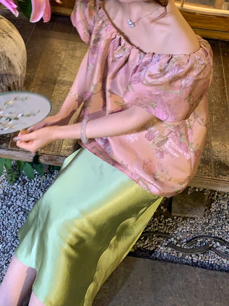 崔与熙/清货特价【只绿青山】气质绝美国风一字肩提花泡泡袖上衣