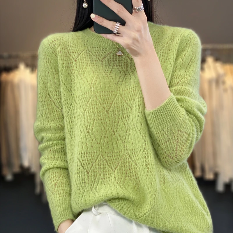 麦芽绿太美了~早秋新款羊毛衫秋冬毛衣镂空圆领宽松针织衫