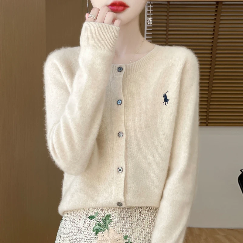 重工刺绣~秋冬小马刺绣羊毛针织衫女士圆领宽松气质毛衣开衫