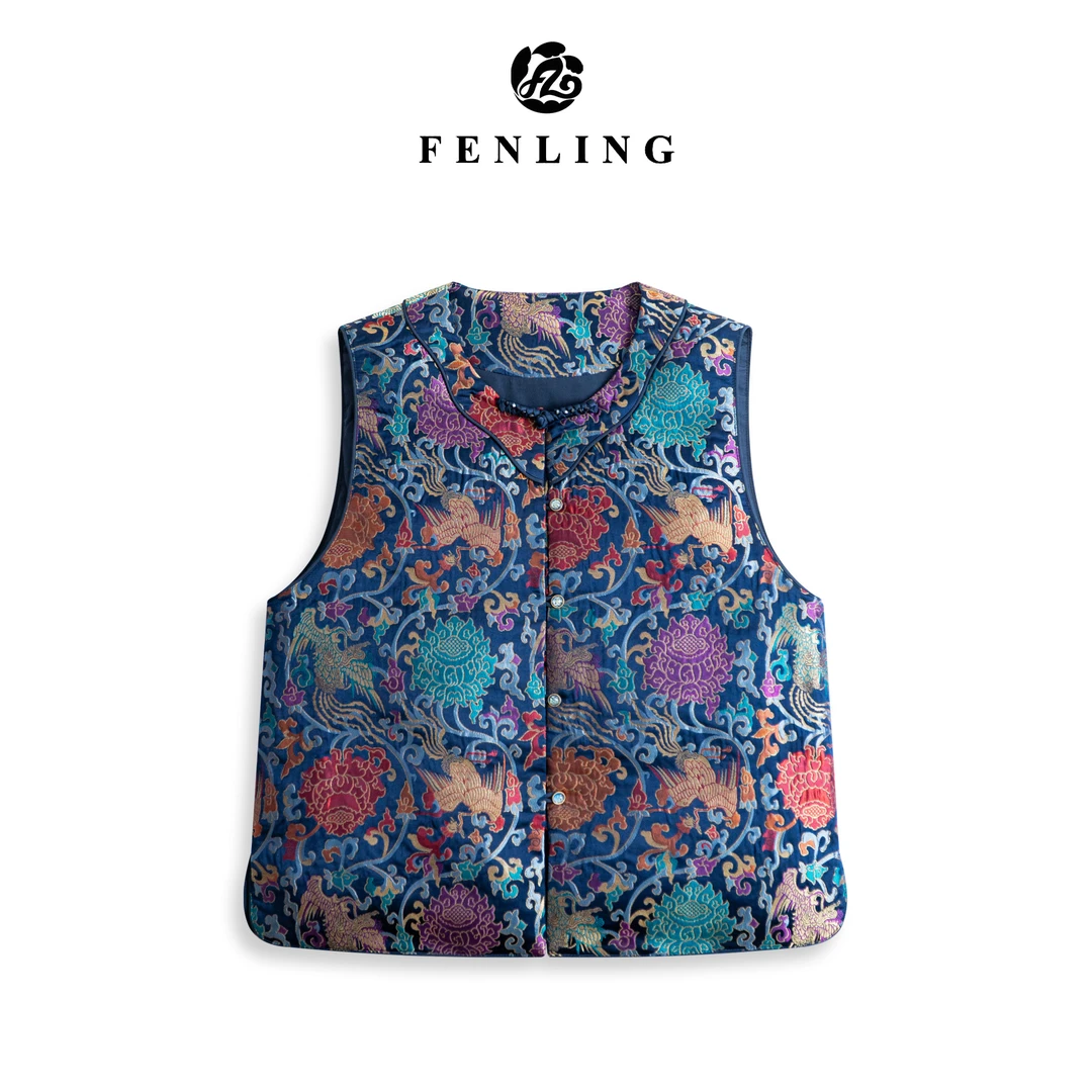 芬领-凤凰缠莲纹·蓝-非遗桑蚕丝妆花云锦（织金）白鹅绒马甲BX1375