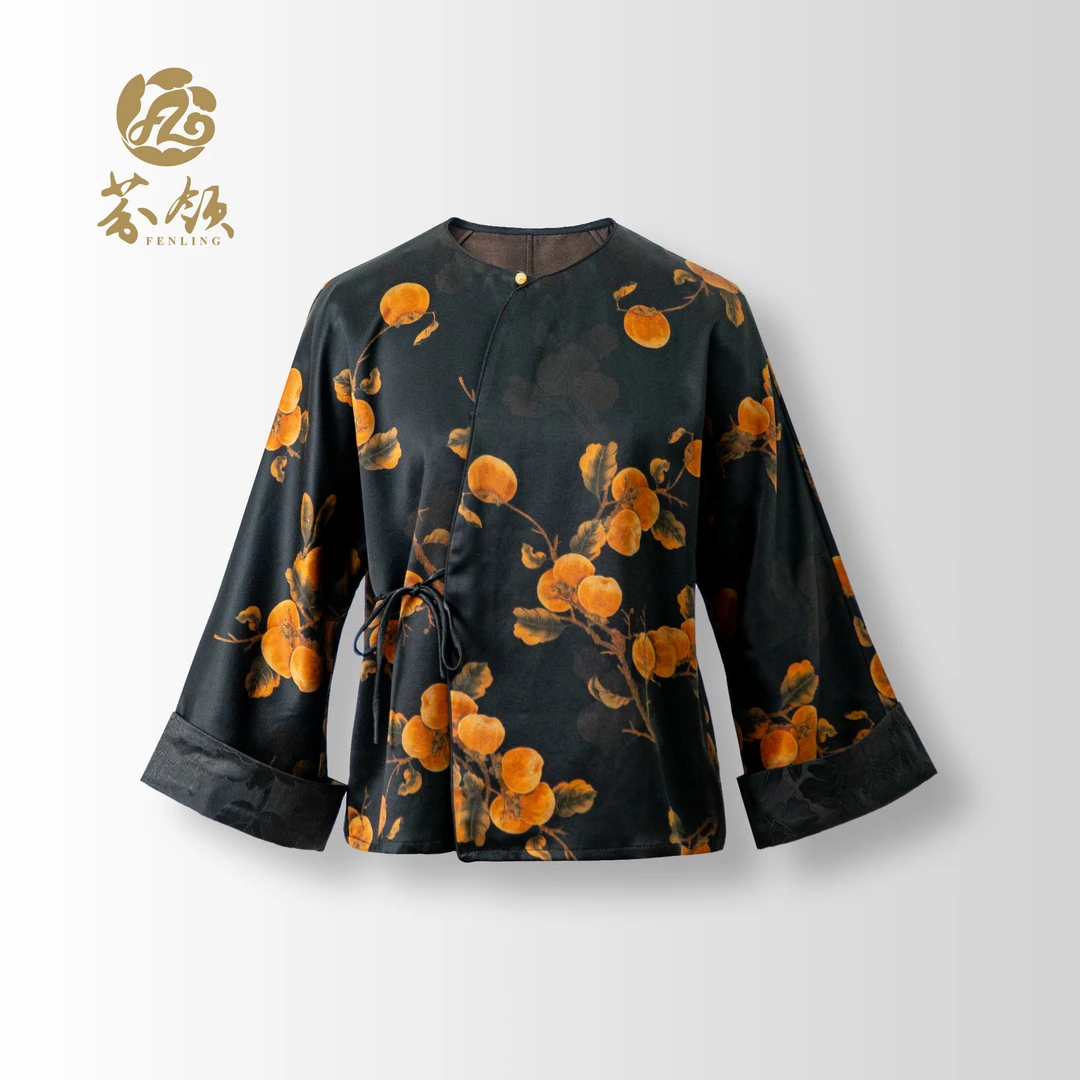 芬领-柿柿如意-桑蚕丝香云纱皮子料50姆米圆领外套SY1489-SY1492