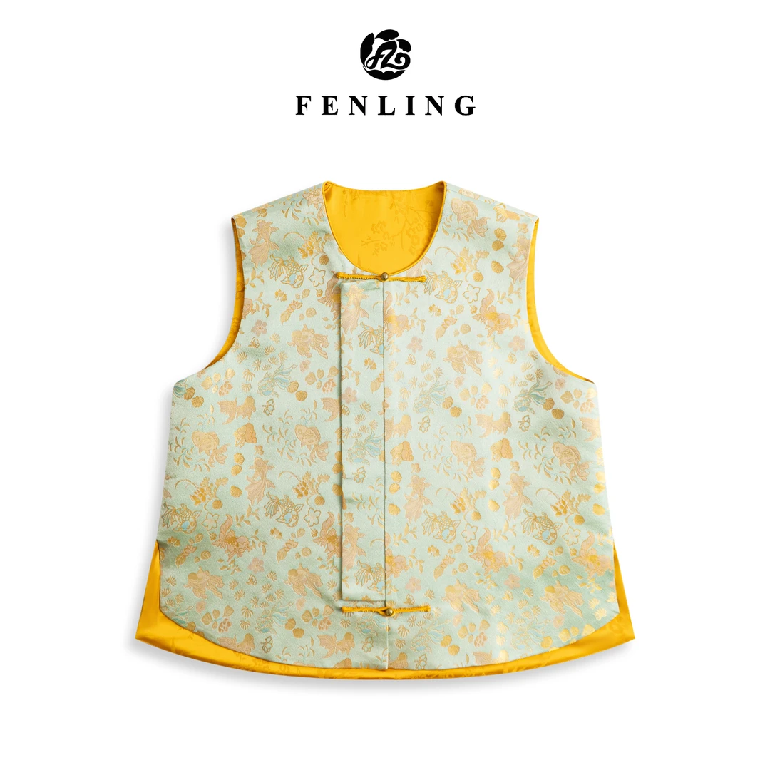 芬领-金鱼水藻纹-桑蚕丝宋锦45姆米（织金）提花马甲幻彩外套BX1074