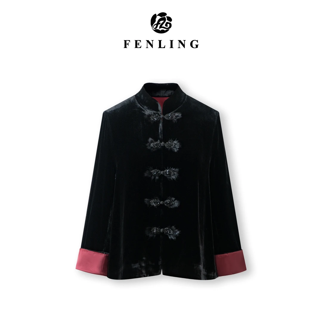 芬领-云川-新中式老钱风桑蚕丝高端气质ins丝绒外套秋冬新款WT47