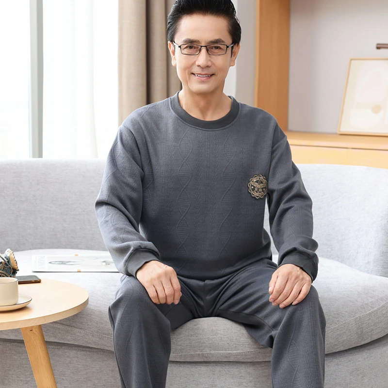 秋冬季男士睡衣加厚纯棉长袖夹棉空气棉中年爸爸加大码家居服50岁