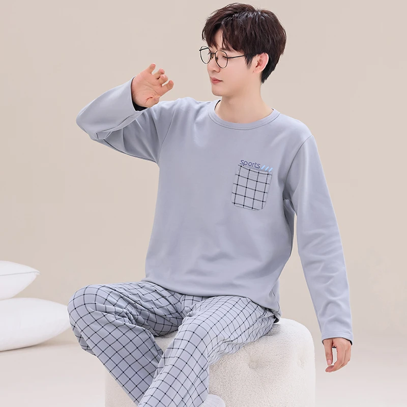 秋季青年学生纯棉睡衣男长袖长裤圆领加肥版5XL胖子可外穿家居服