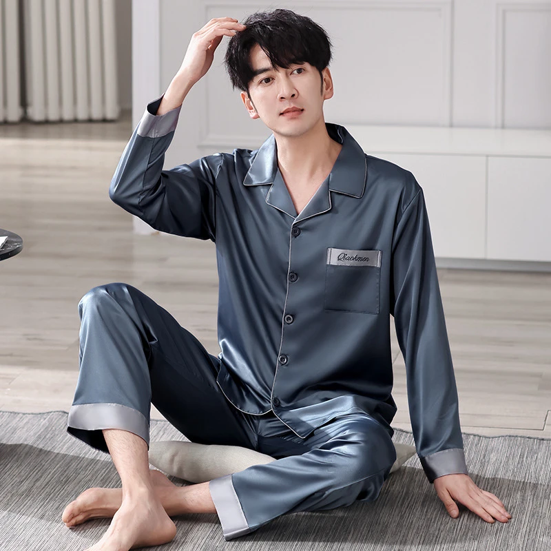 冰丝睡衣男士春夏季长袖丝绸家居服春秋款薄款高档仿真丝绸缎套装