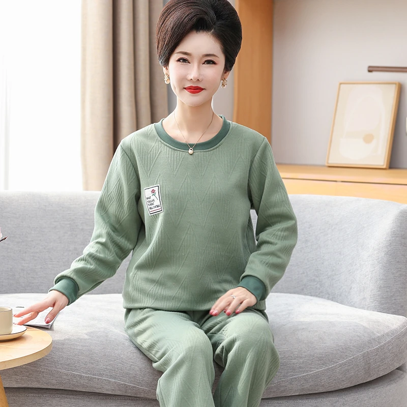 春秋季中老年夹棉睡衣女士圆领中年妈妈空气棉保暖长袖长裤家居服