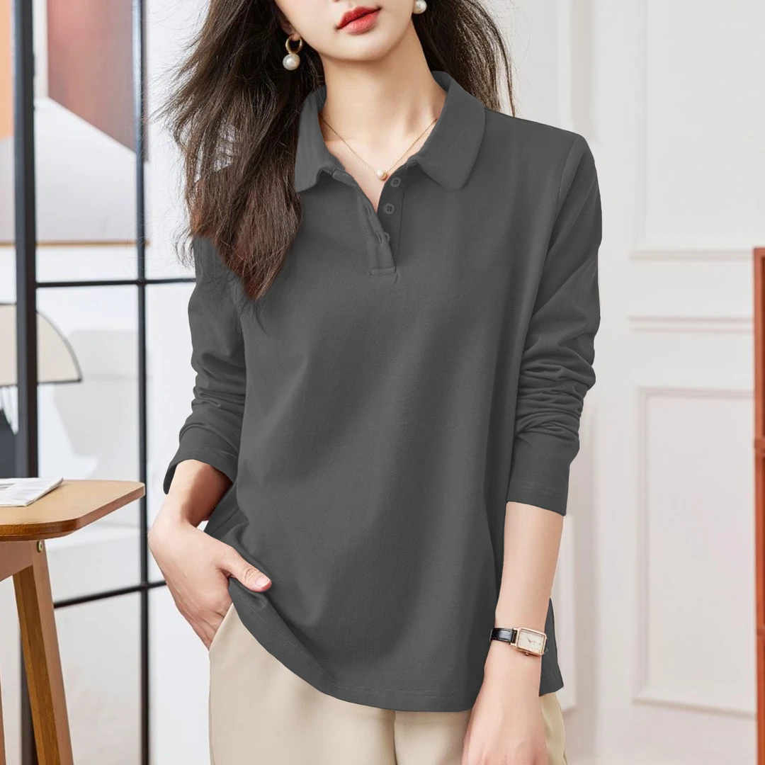 文艺纯棉春秋季纯色大码长袖T恤衫女宽松显瘦百搭翻领纽扣上衣女