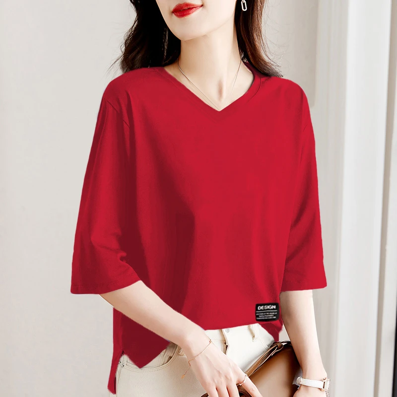 纯棉五分袖T恤衫女大码减龄文艺休闲百搭时尚V领纯色宽松半袖上衣